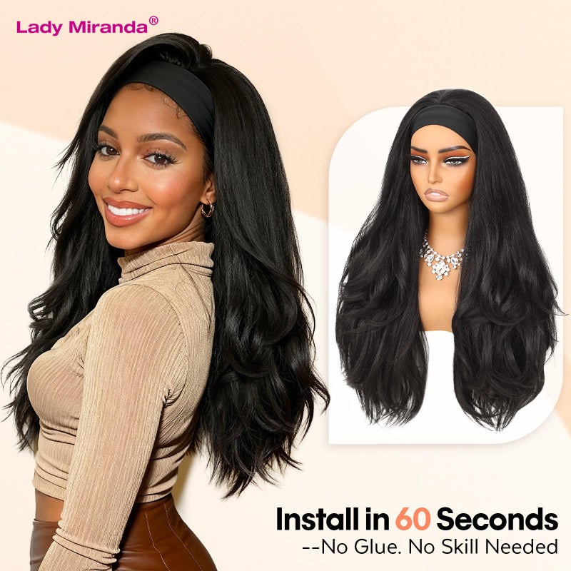 Lady Miranda 26 Inch Yaki Wavy Headband Wigs for Black Women Wear and Go Kinky Straight Headband Wig with Layered Blowout Texture Lightweight Glueless Half Wig Natural Looking Synthetic Wig - Image 3